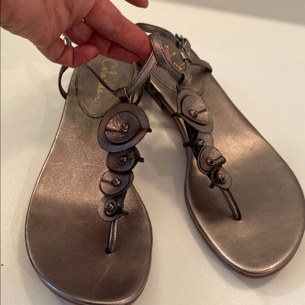 Metallic Bronze Flat Thong Sandals with Decorative Straps